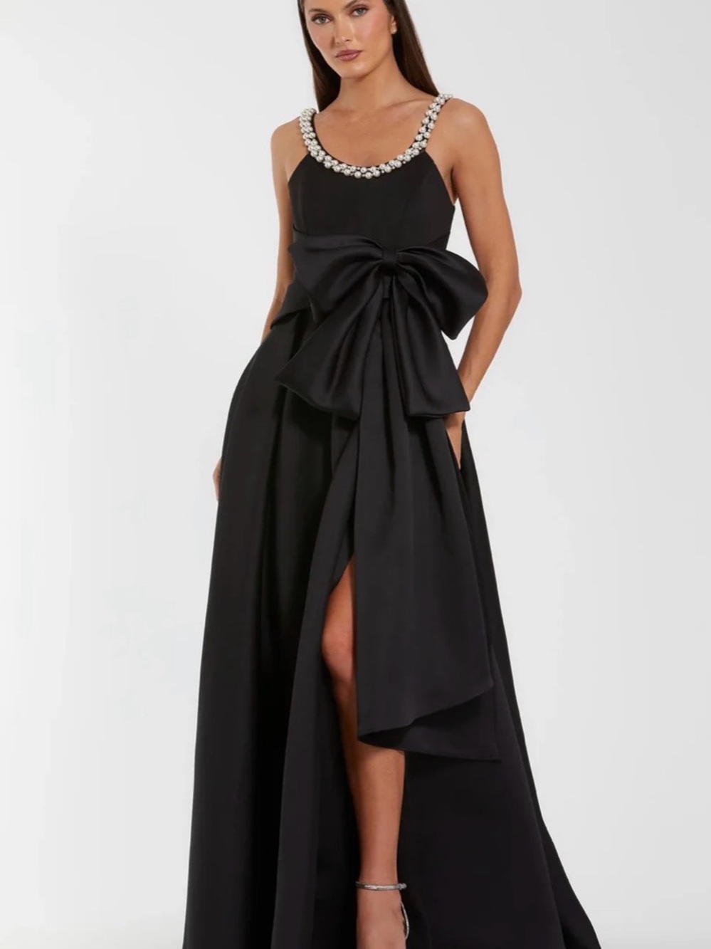 Mac Duggal Black Evening Gown with Jeweled Straps and Dramatic Bow
